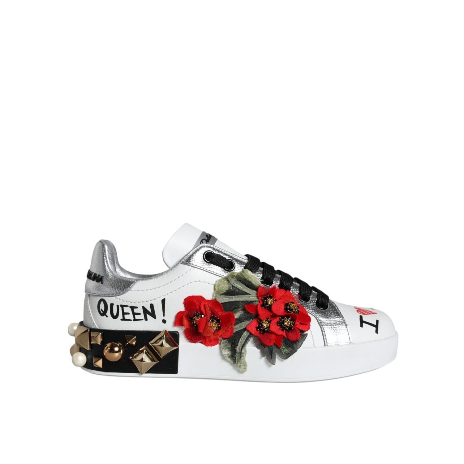 Dolce & Gabbana White Leather Floral Studded Sneakers Shoes