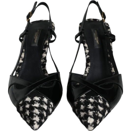 Dolce & Gabbana black leather houndstooth slingback shoes with buckle closure, featuring luxurious craftsmanship.