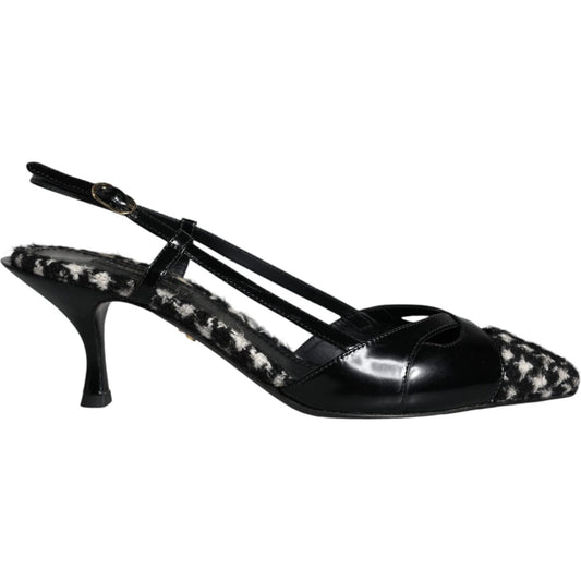 Dolce & Gabbana black leather houndstooth slingback shoes with buckle closure and logo detail, Italian craftsmanship.