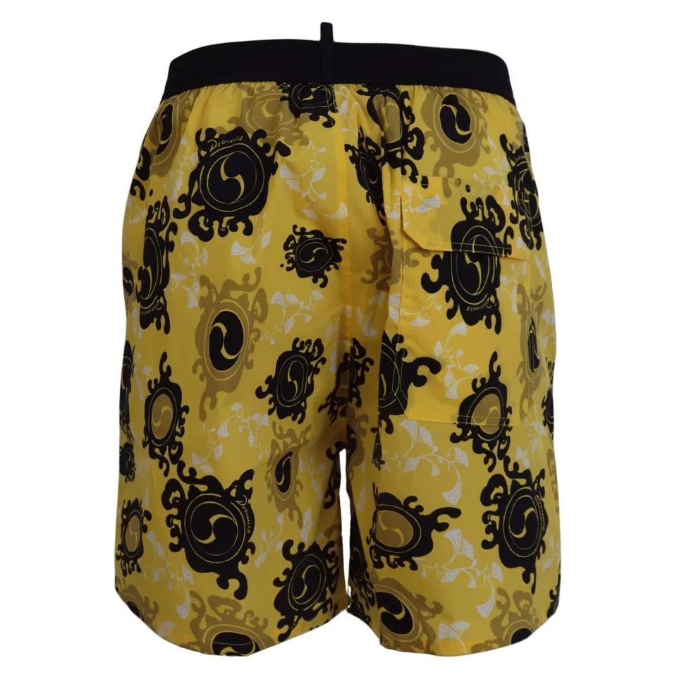Dsquared² Yellow Black Printed Nylon Beachwear Shorts Swimwear