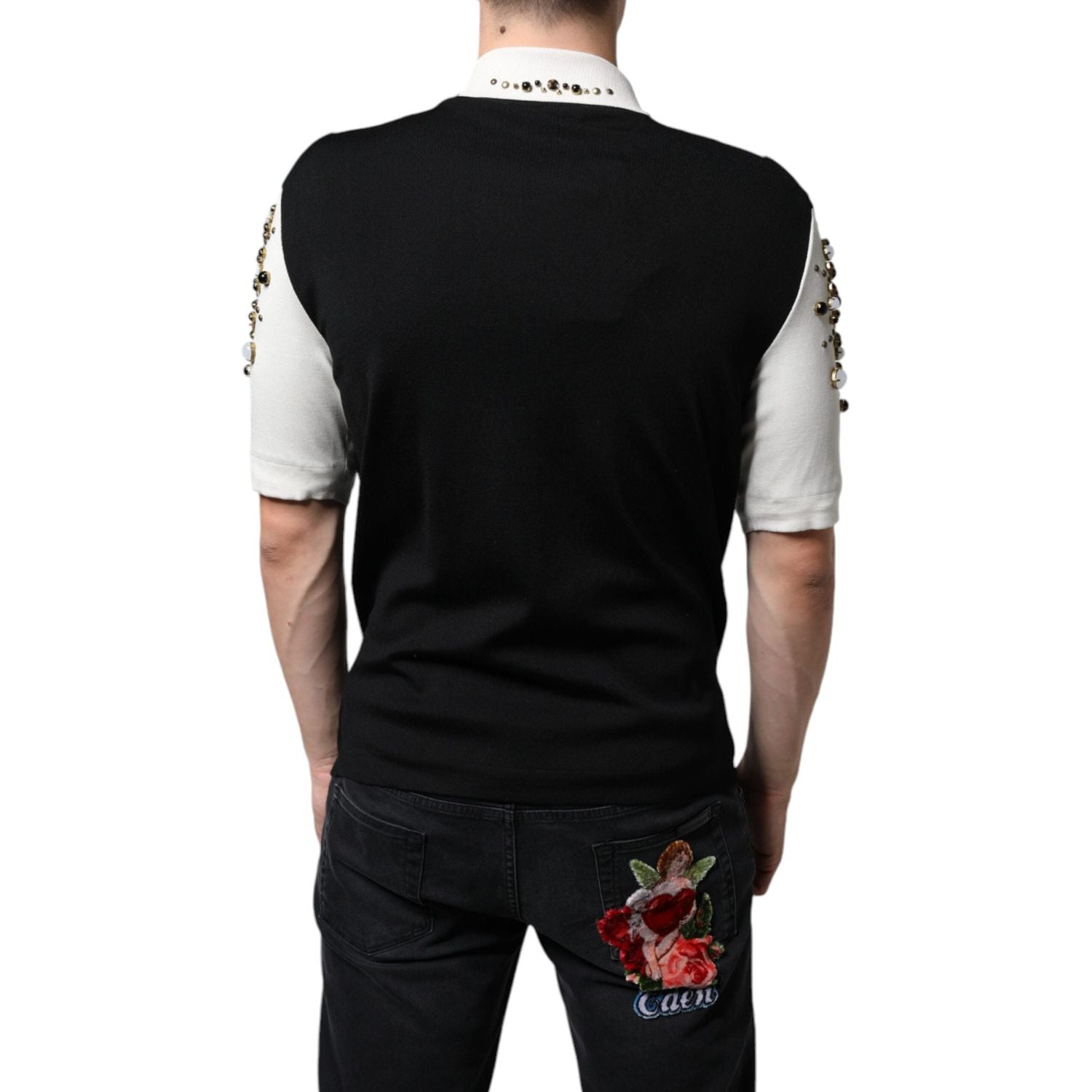 Dolce & Gabbana White Black Silk Studded Stone Crystal Shirt
