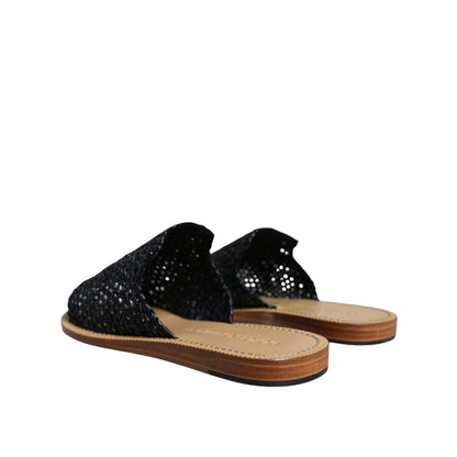 Dolce & Gabbana Black Monochrome Braided Raffia Slides Shoes