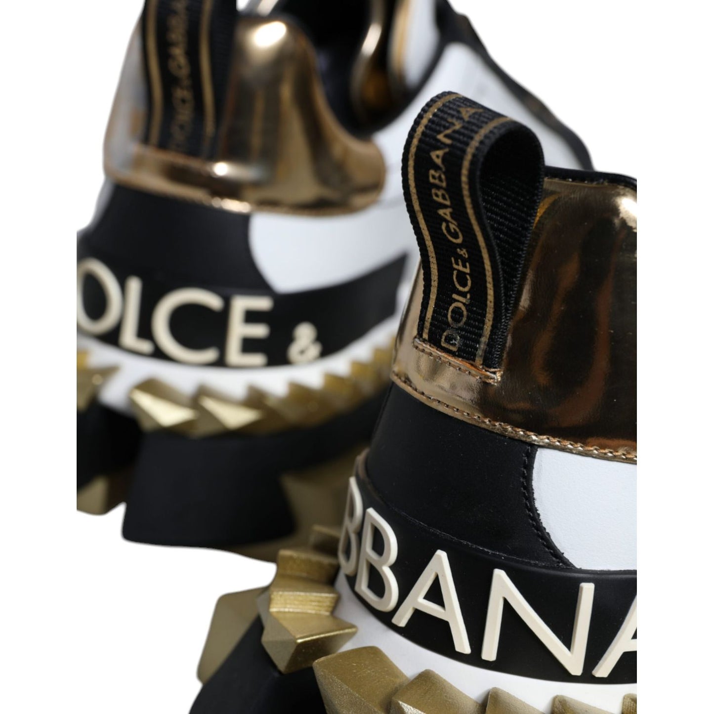 Dolce & Gabbana White Gold Black Leather SUPER KING Sneakers Shoes