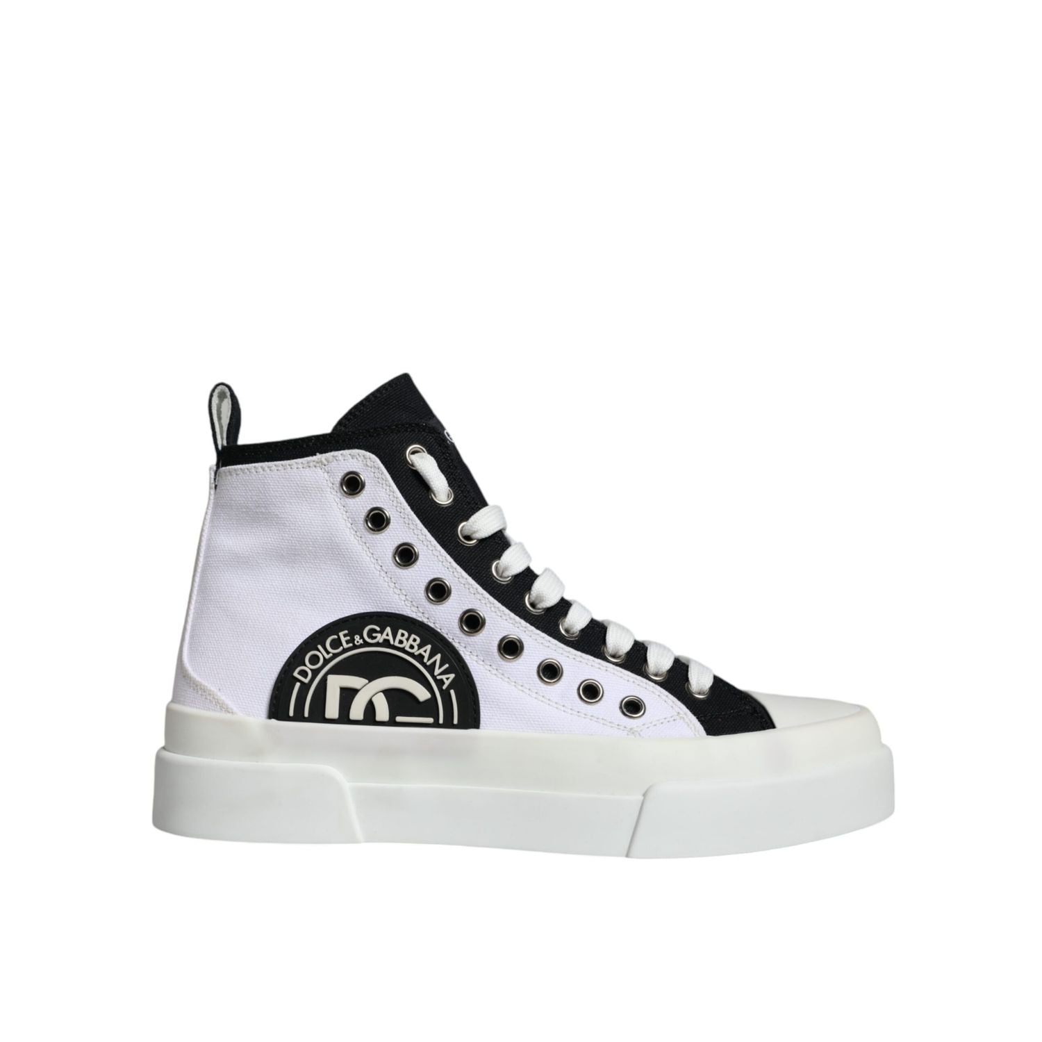 Dolce & Gabbana White Black Cotton Logo High Top Sneaker Shoes