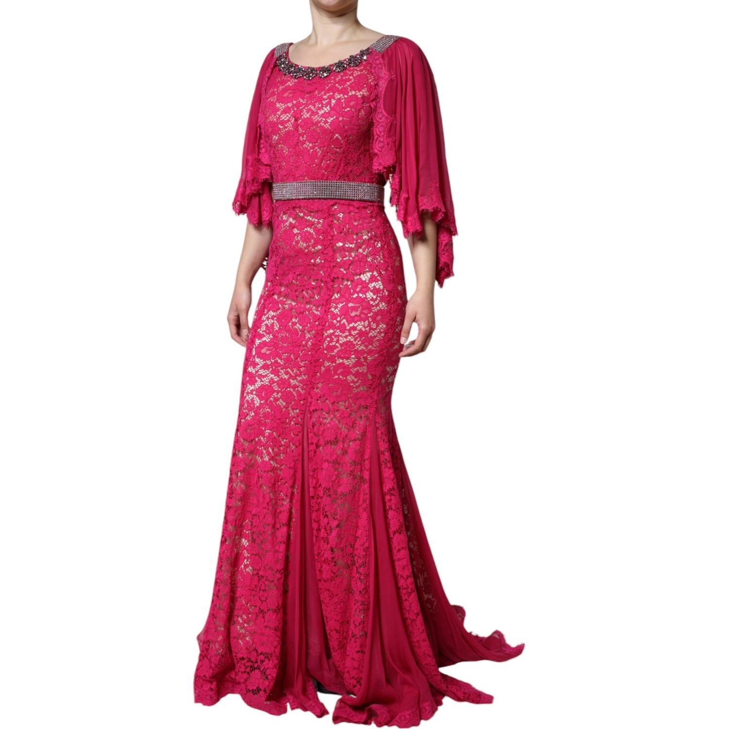Dolce & Gabbana Pink Lace Crystal Sheath Long Gown Dress