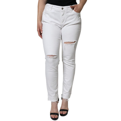 Dolce & Gabbana White Cotton Stretch Tattered Skinny Jeans