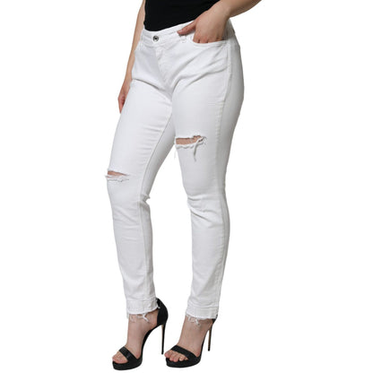 Dolce & Gabbana White Cotton Stretch Tattered Skinny Jeans