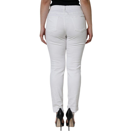 Dolce & Gabbana White Cotton Stretch Tattered Skinny Jeans