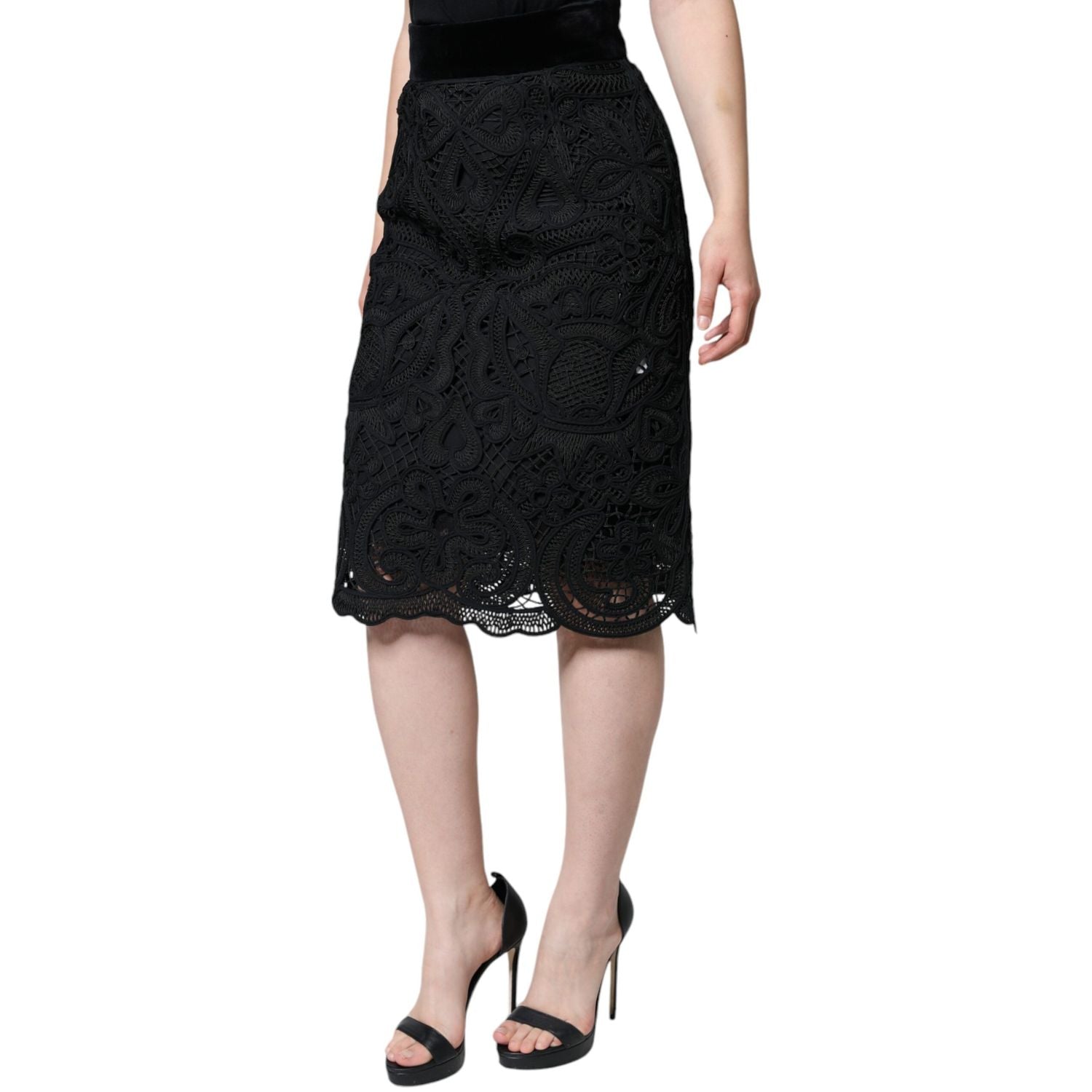Dolce & Gabbana Black Floral Lace HighWaist Pencil Cut Skirt