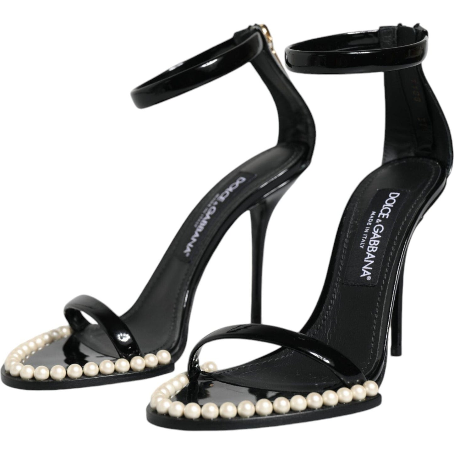 Dolce & Gabbana Black Keira Leather Faux Pearl Sandals Heels Shoes