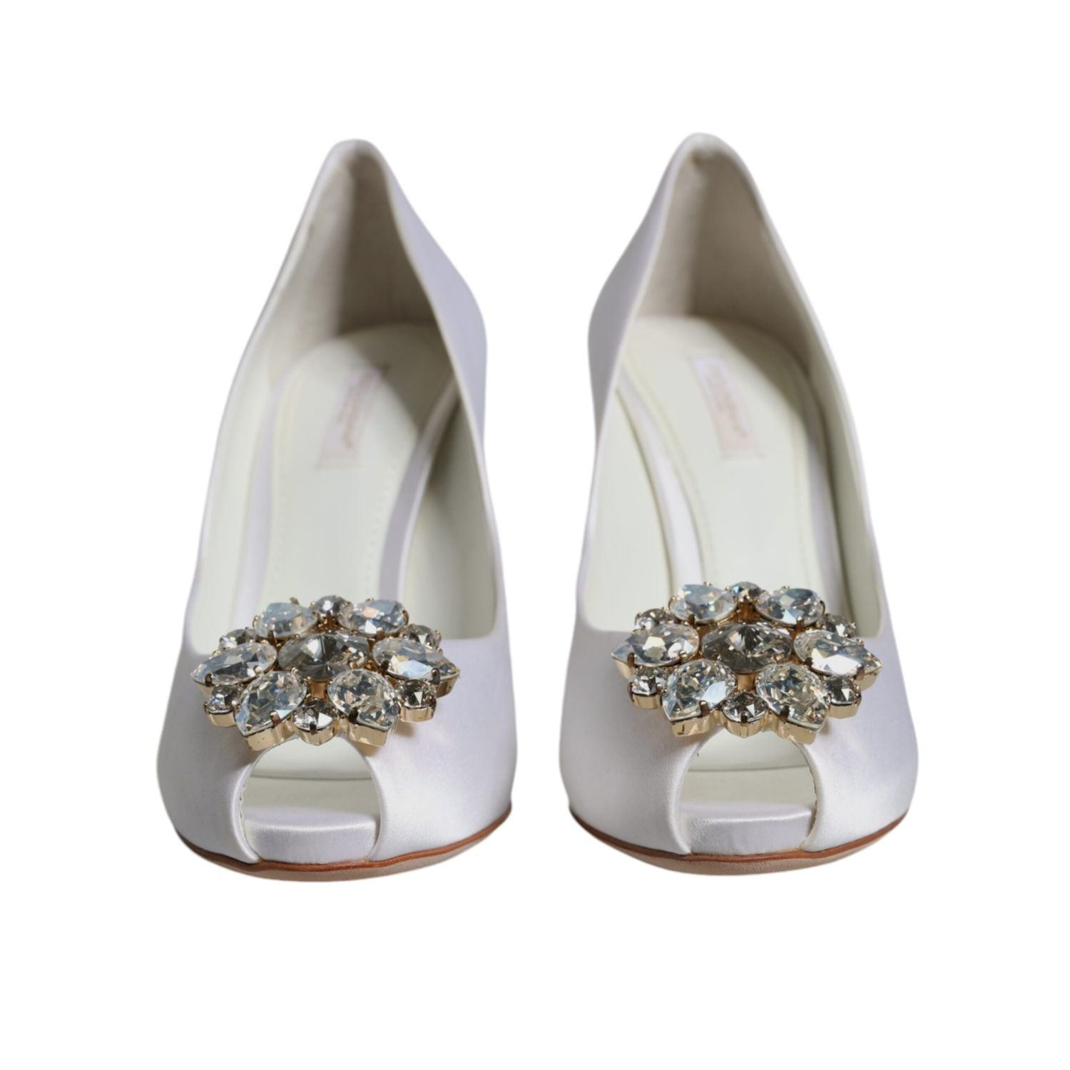 Dolce & Gabbana White Crystals Peep Toe Satin Pumps Shoes