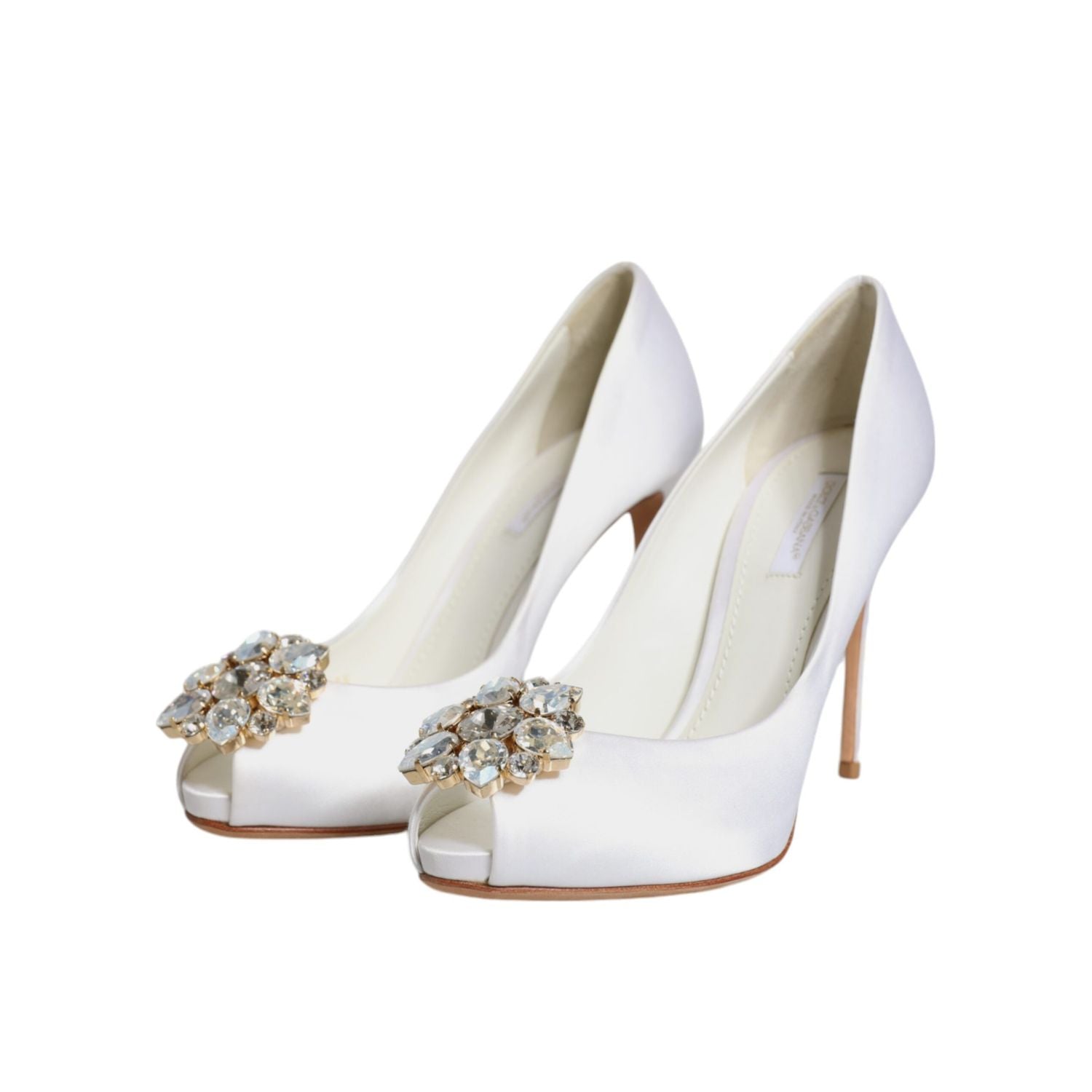 Dolce & Gabbana White Crystals Peep Toe Satin Pumps Shoes