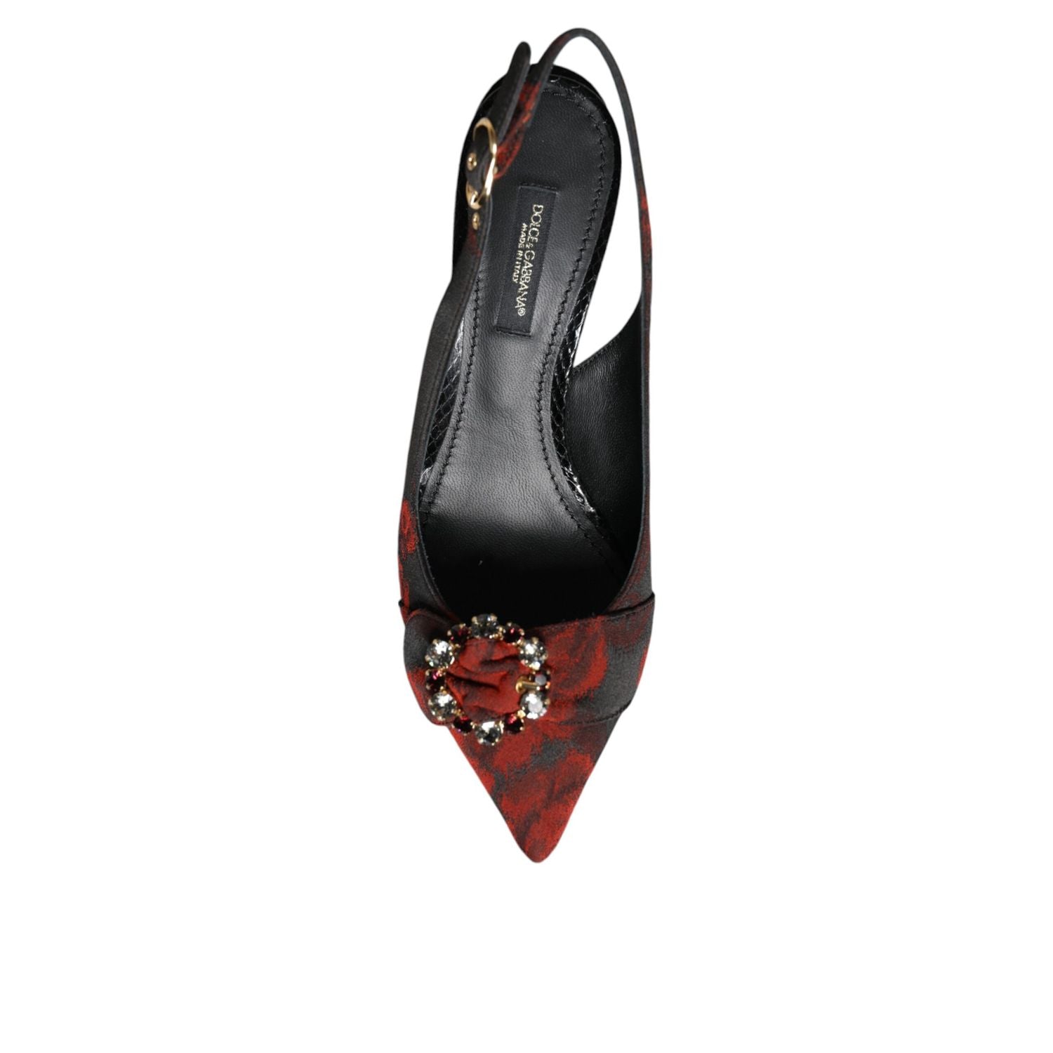 Dolce & Gabbana Black Red Floral Crystal Heel Slingback Shoes