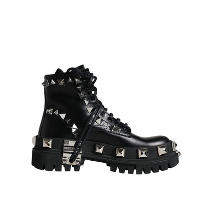 Dolce & Gabbana Black Leather Studded Trekking Boots Shoes