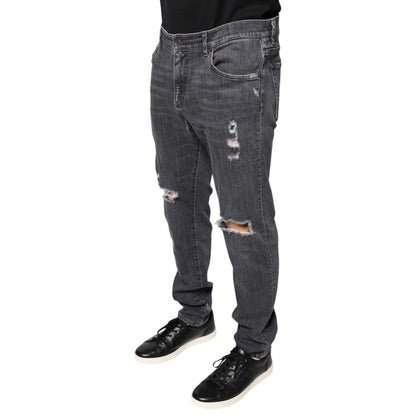Dolce & Gabbana Dark Gray Tattered Cotton Skinny Denim Jeans