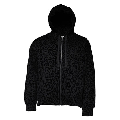 Dolce & Gabbana Black Leopard Cotton Hooded Full Zip Sweater