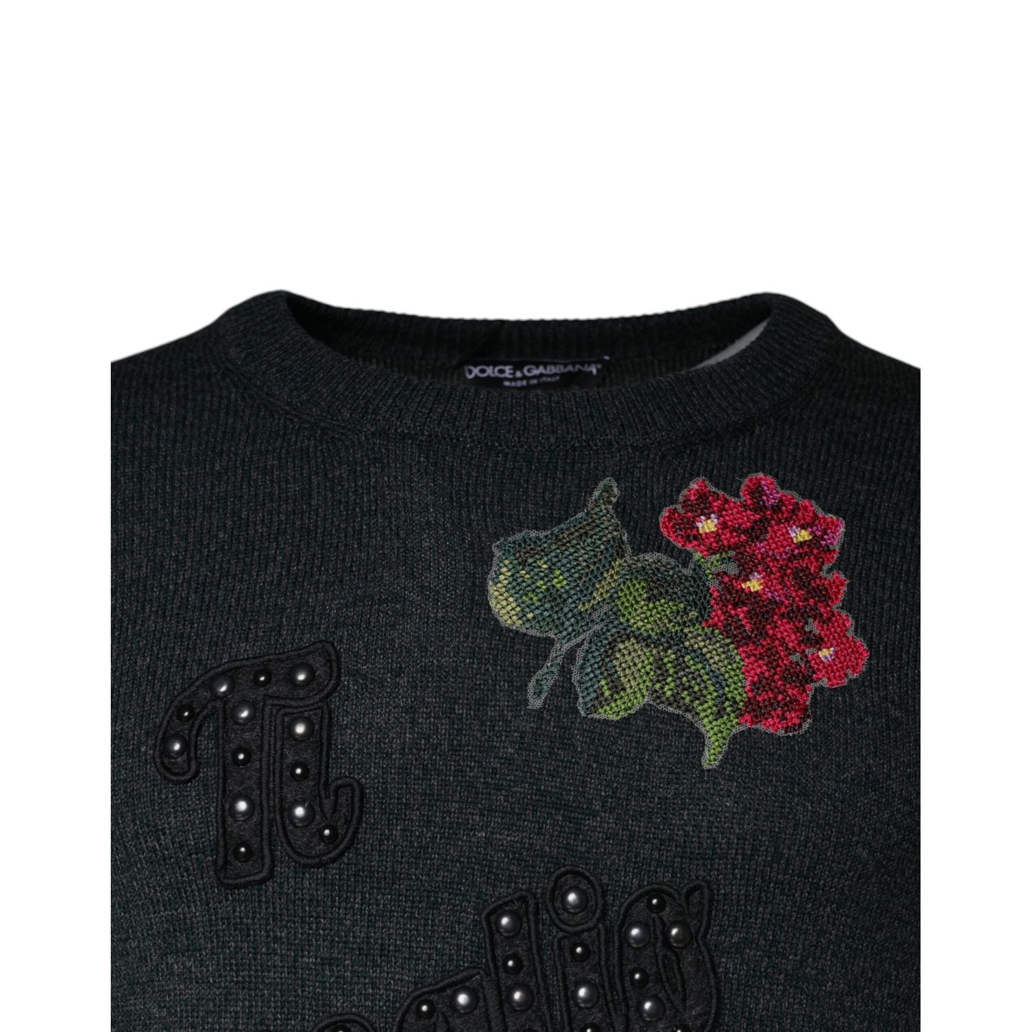 Dolce & Gabbana Gray Embellished Crew Neck Pullover Sweater