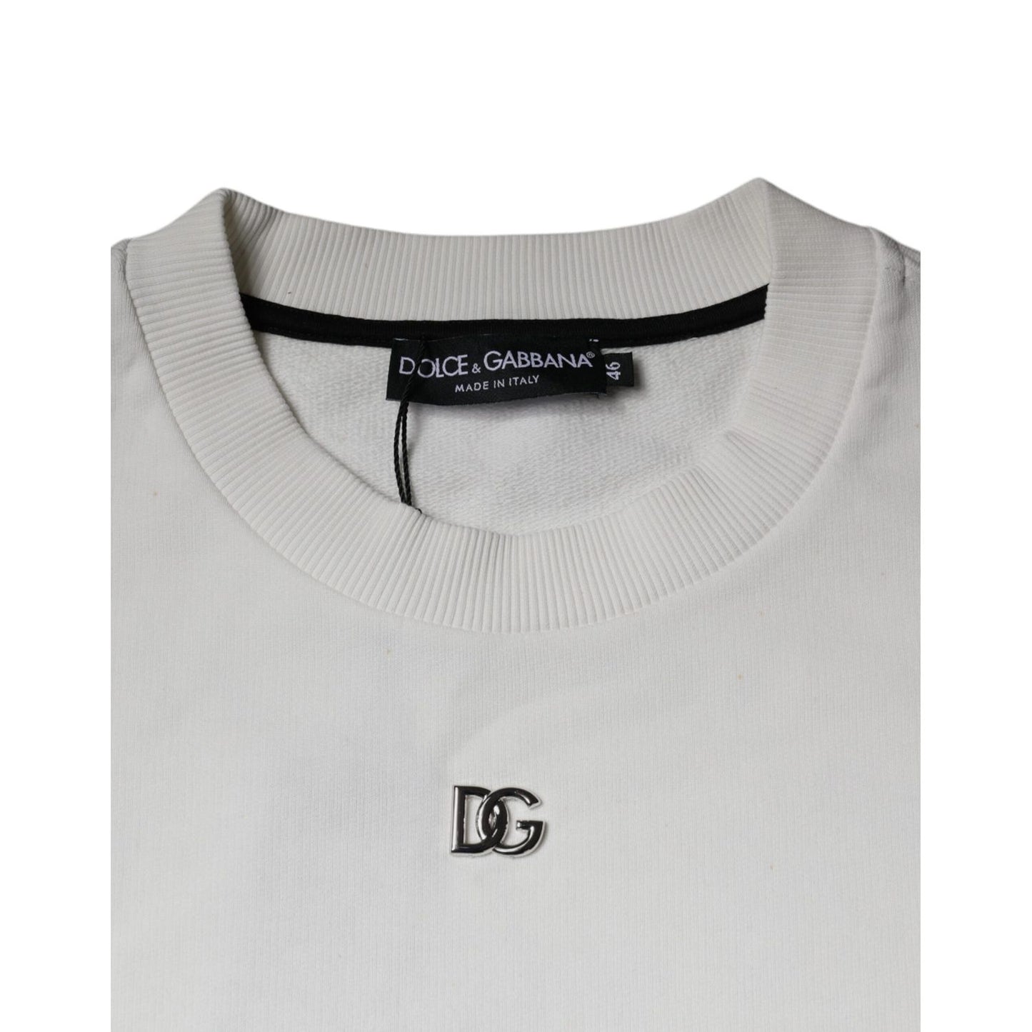 Dolce & Gabbana White Logo Cotton Crew Neck Pullover Sweater