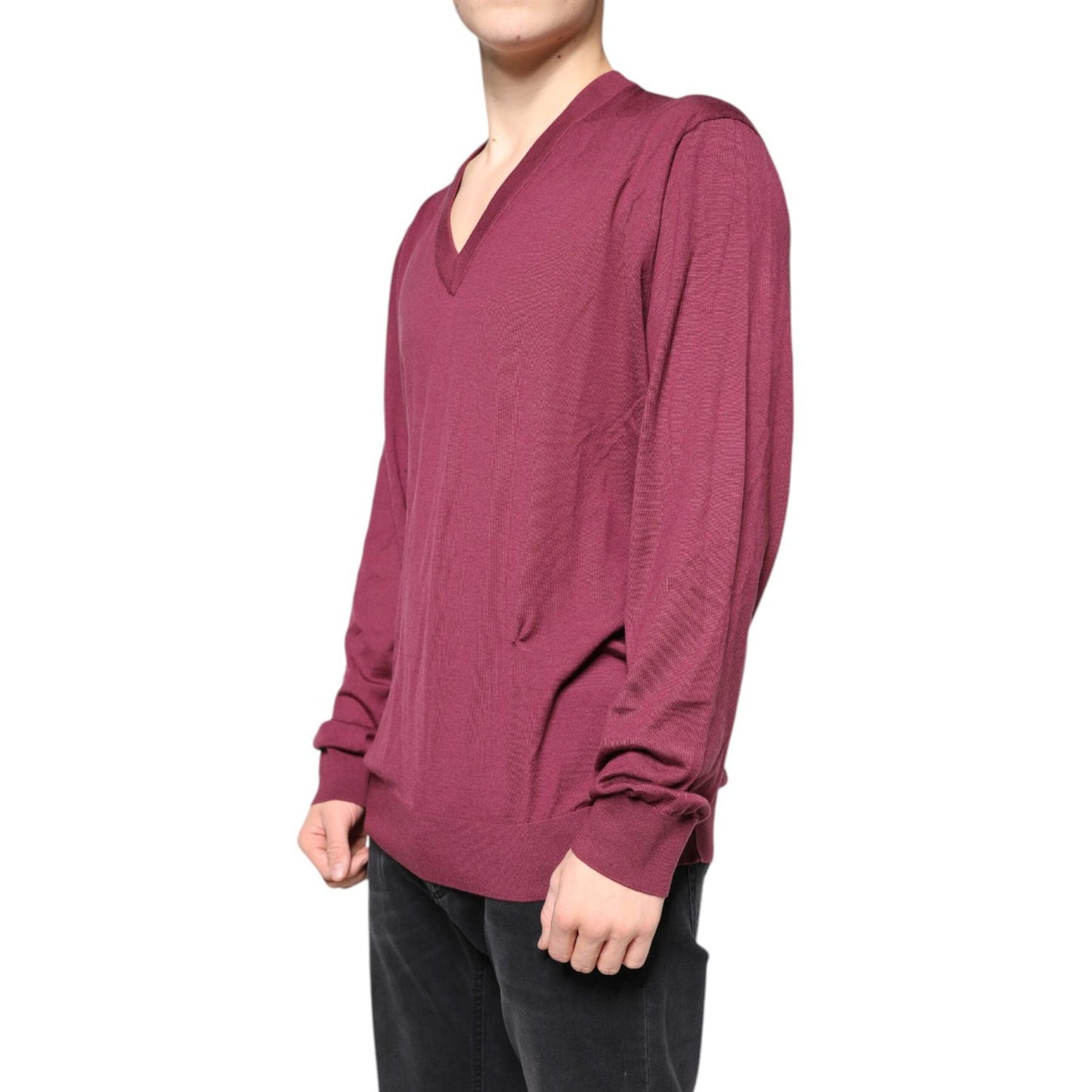 Dolce & Gabbana Maroon Cashmere V-neck Men Pullover Sweater