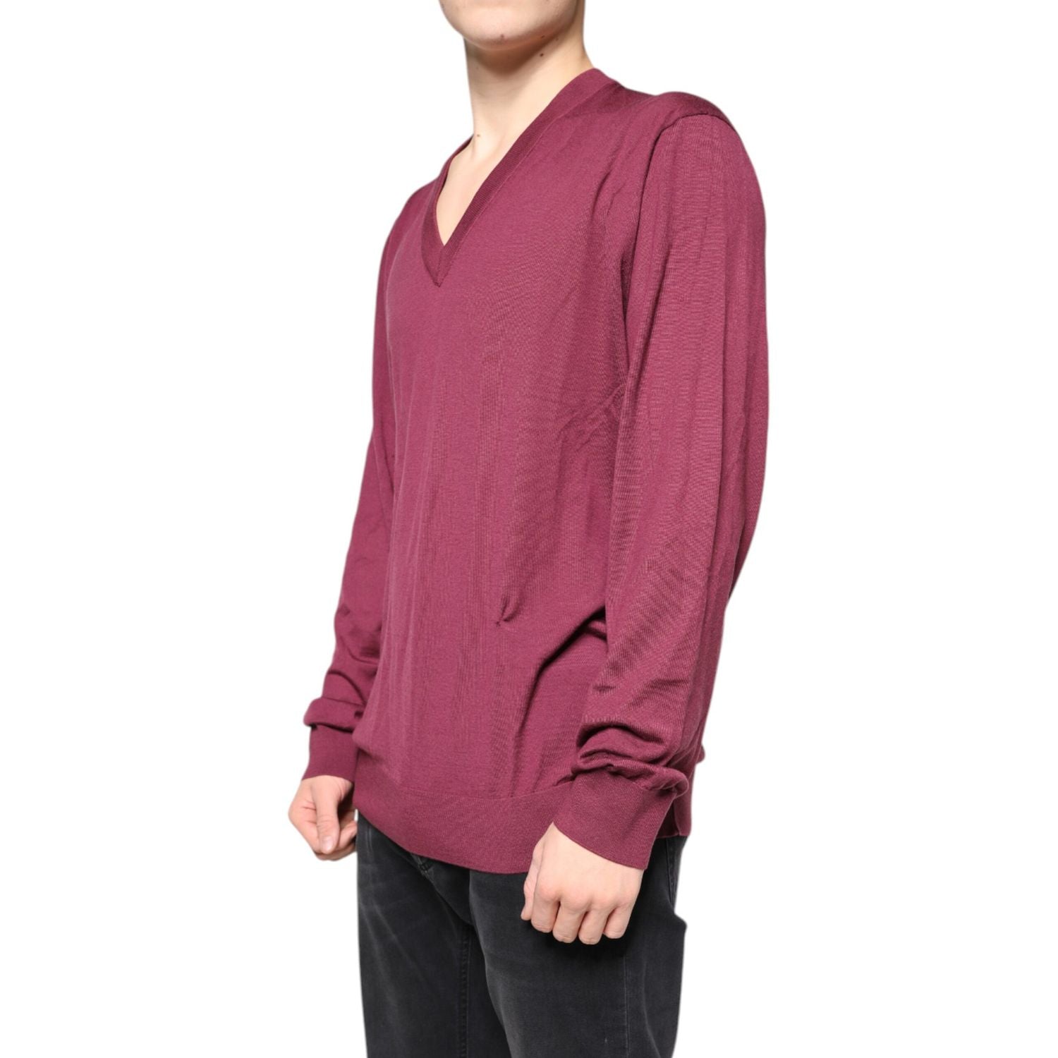 Dolce & Gabbana Maroon Cashmere V-neck Men Pullover Sweater