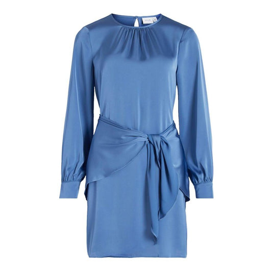 Vila Clothes women's short blue dress, spring/summer collection, made from 100% recycled polyester, with stylish bow detail.
