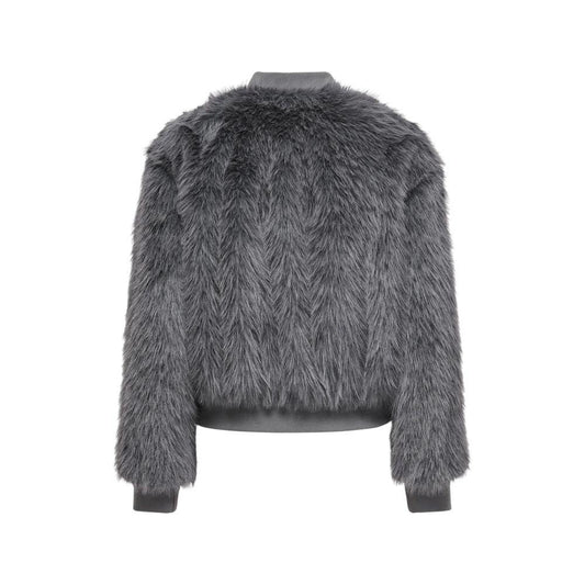 Gray polyester women's jacket from fall/winter collection, featuring a faux fur texture. 100% polyester coat.