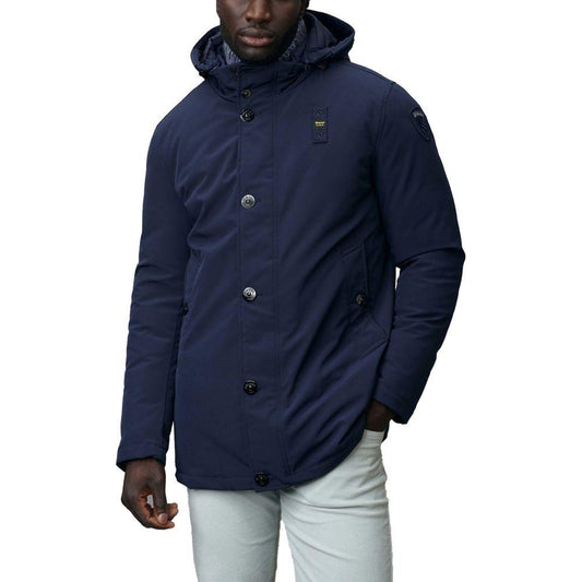 Blauer blue polyethylene jacket for men, fall/winter collection, 68% polyurethane, features hood and button closure.