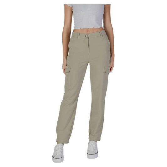 B.Young green polyester pants, women's spring/summer collection, 64% polyester blend, casual style pants with pockets.