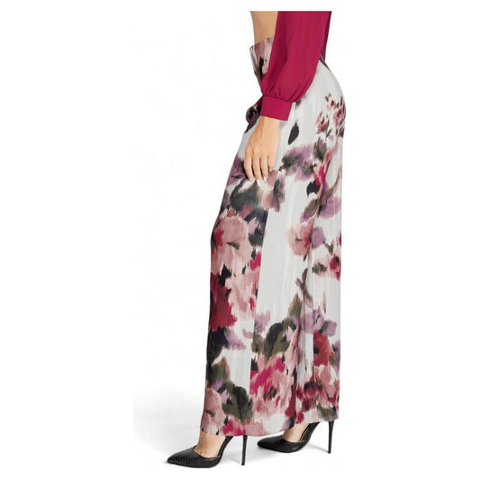Women's Rinascimento Bordeaux Polyester Pants with floral print, fall/winter collection, side view, elegant and stylish.