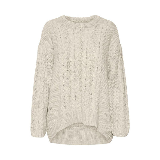 Vero Moda beige cotton sweater for women, fall/winter collection, featuring a cozy knit design, 60% cotton, 40% acrylic.