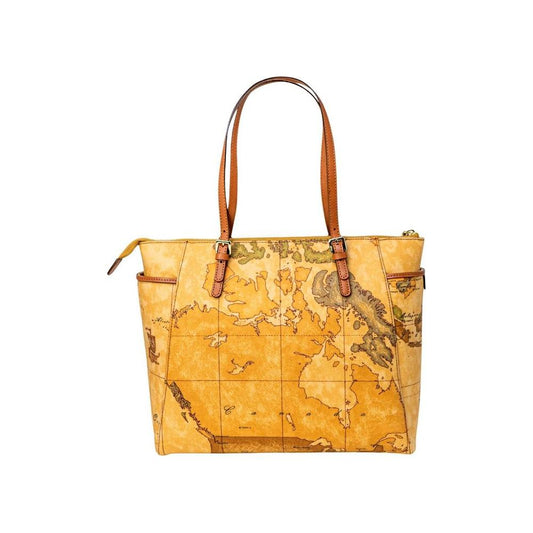 Alviero Martini Prima Classe beige leather handbag, women's autumn/winter collection, map design, 29x38x14 cm