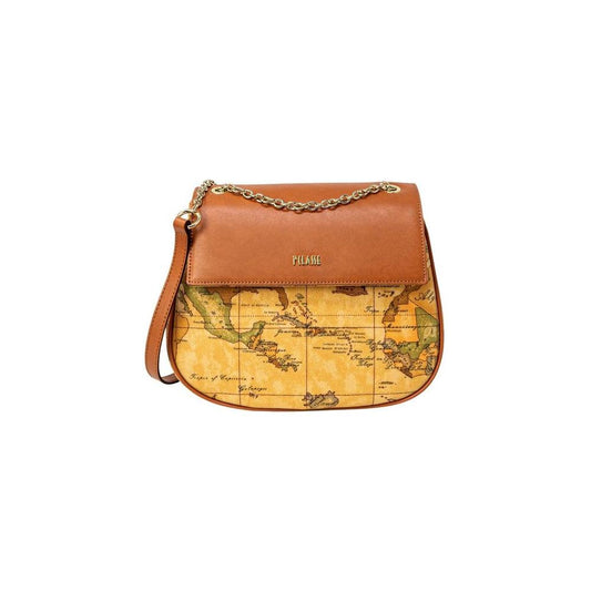 Alviero Martini Prima Classe beige leather handbag, autumn/winter collection. 21x25x10 cm. Women's bag with map design and chain strap.