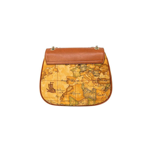 Alviero Martini Prima Classe beige leather handbag featuring a vintage world map design, part of the Autumn/Winter women's collection.