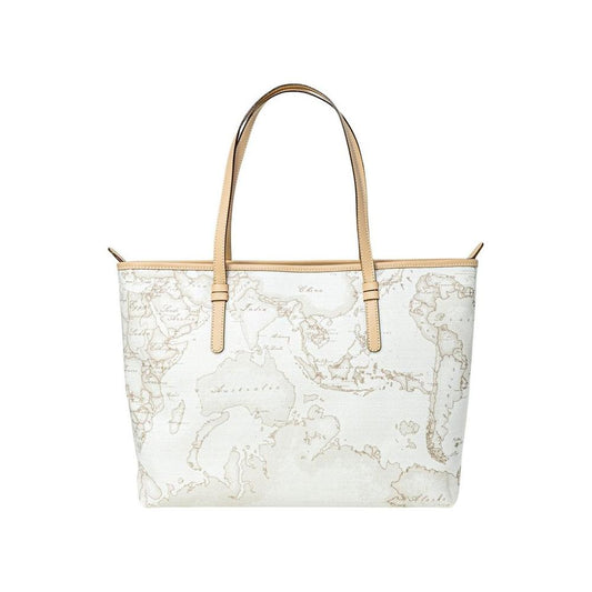 Alviero Martini Prima Classe white leather handbag with map design, women's bag for autumn/winter collection, elegant fashion accessory.