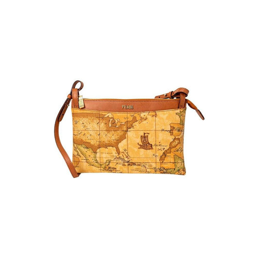 Alviero Martini Prima Classe small beige leather handbag with map design and adjustable shoulder strap.