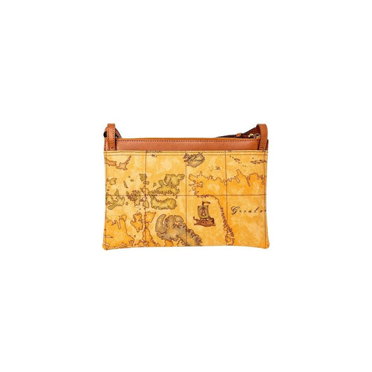 Alviero Martini Prima Classe beige leather handbag with world map design, featuring adjustable strap, perfect for versatile use.