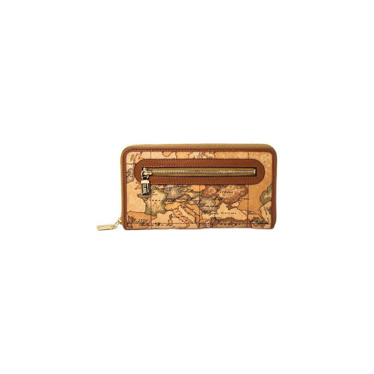 Alviero Martini Prima Classe beige leather wallet, autumn/winter collection, with map design and front zipper accent.