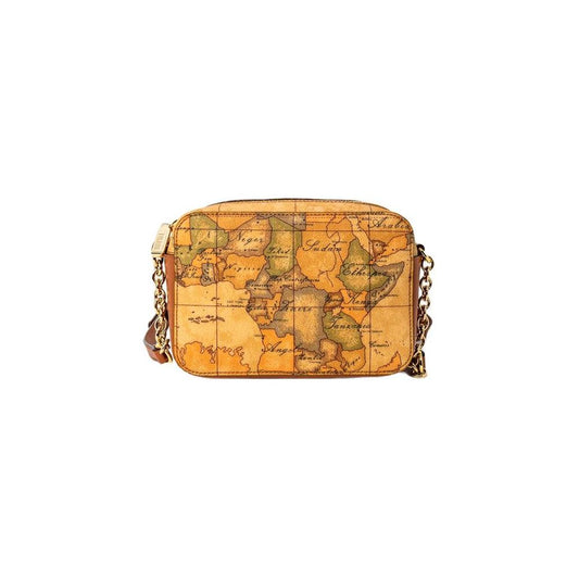 Alviero Martini Prima Classe beige cotton handbag with map print, elegant small women's bag.