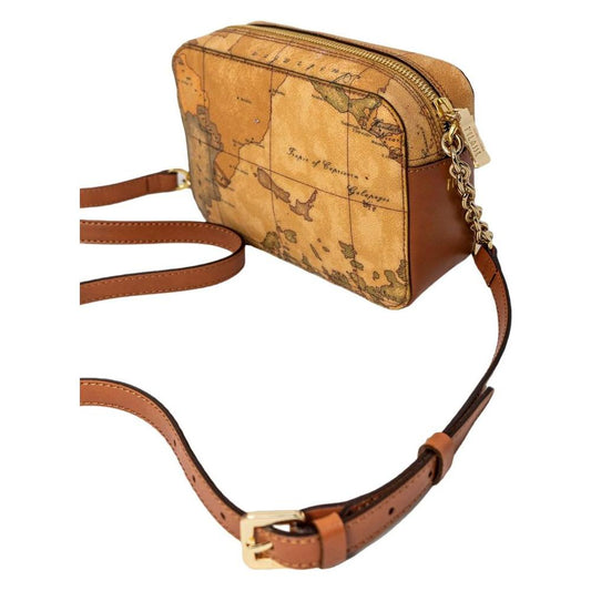 Alviero Martini Prima Classe beige cotton handbag with map print design and adjustable strap, elegant and functional fashion accessory.