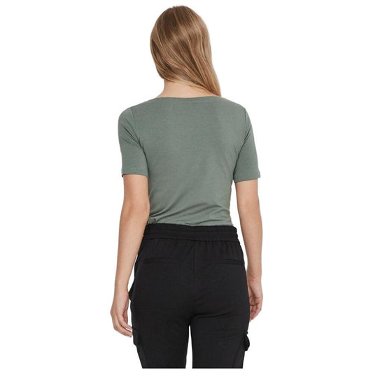 Back view of Vero Moda green viscose short-sleeve t-shirt, showcasing minimalist design and soft texture, paired with black pants