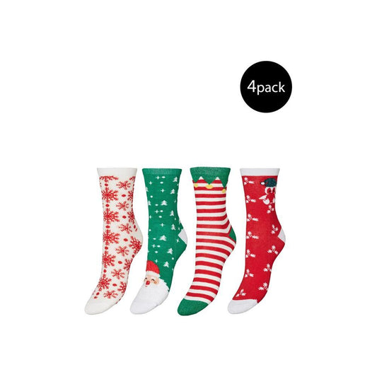 Four-pack of festive holiday socks featuring snowflakes, stars, stripes, and Christmas motifs in red, green, and white designs.