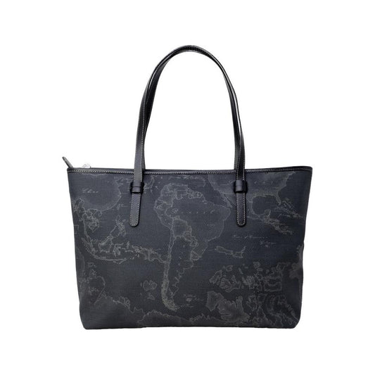 Alviero Martini Prima Classe black polyester handbag, women's Autumn/Winter collection, featuring map design, cotton, leather accents.