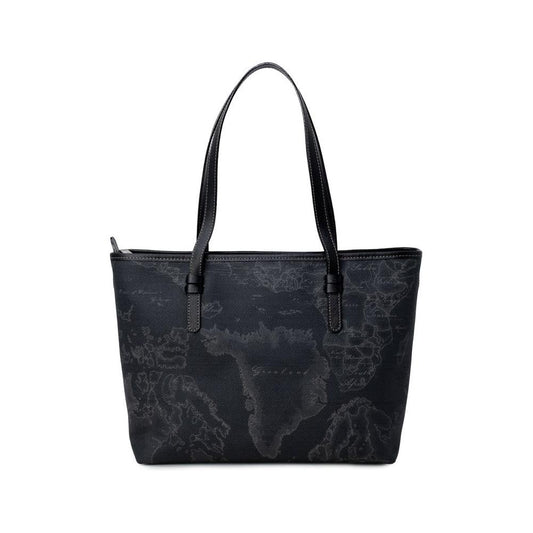Alviero Martini Prima Classe black leather handbag, autumn/winter collection, featuring world map design. Size: 36x23.5x13.5 cm.