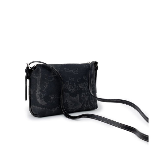 Alviero Martini Prima Classe black polyester handbag with map print, featuring an elegant design and adjustable straps for versatile use.