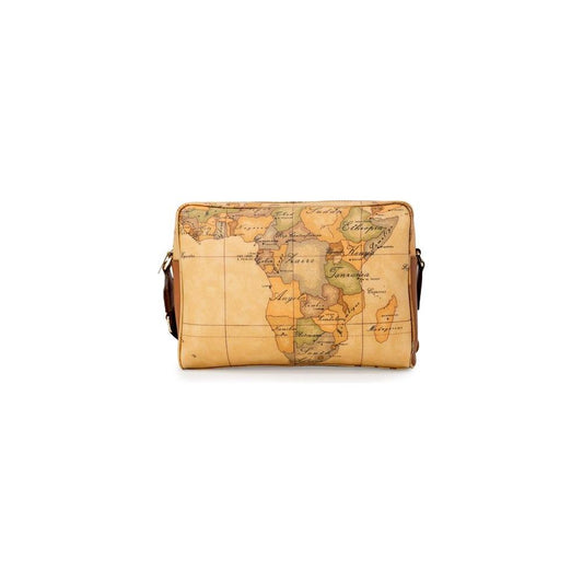 Alviero Martini Prima Classe beige handbag with world map design, medium size, durable polyester blend, stylish for any occasion.