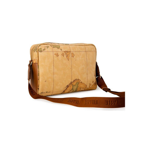 Alviero Martini Prima Classe beige polyester handbag with world map design and brown strap, ideal for stylish everyday use.