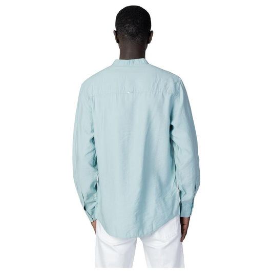 Back view of a man wearing an Antony Morato Green Viscose Shirt with long sleeves and regular fit.