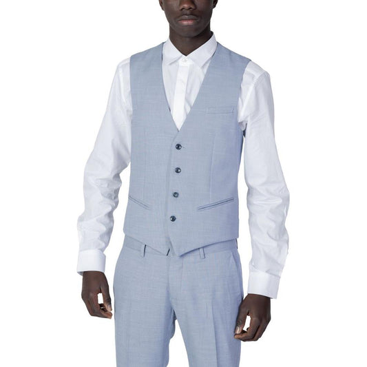 Antony Morato blue polyester vest on man, featuring slim fit, contrasting buttons, ideal for formal occasions