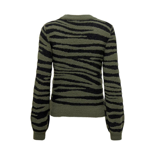 Jacqueline De Yong women's green nylon sweater with zebra stripe design, perfect for fall and winter fashion. Composition: 58% nylon, 26% viscose, 16% polyester.