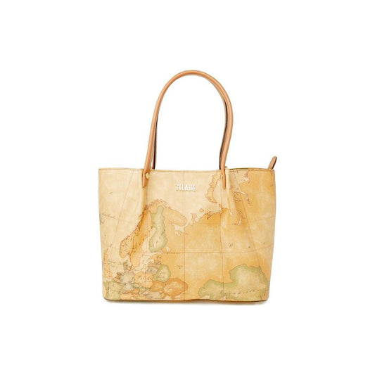 Alviero Martini Prima Classe beige leather handbag with world map print, part of the women's autumn/winter collection.